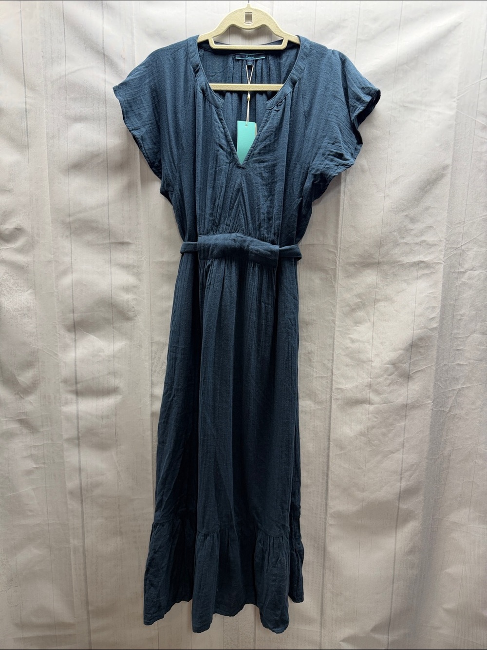 Shore NWT Dark Teal Cotton Flutter Sleeve Ruffle Hem V Neck Tie Waist Midi Dress